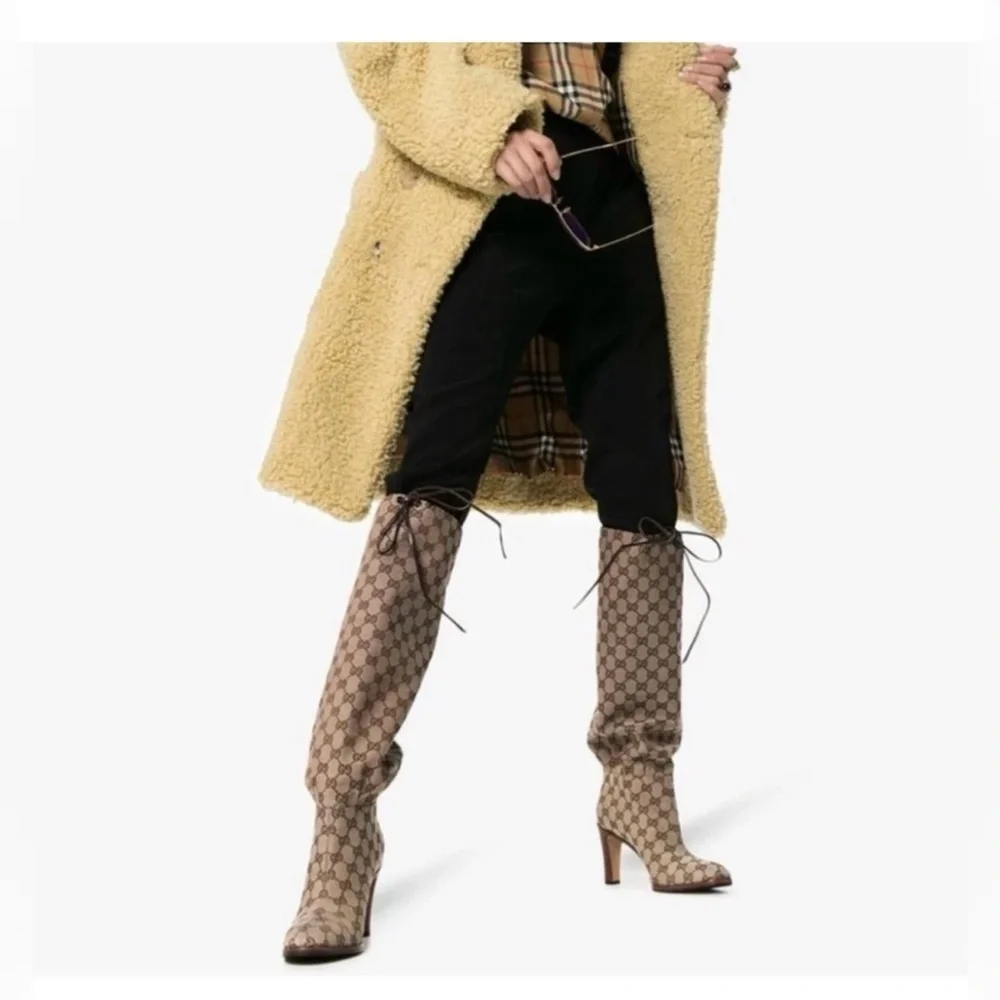 Gucci Beige GG Monogram Knee-High Boots - Picture 3 of 10